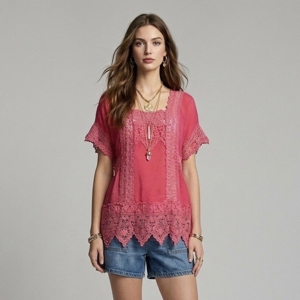 Johnny Was Hot Pink Crochet Lace Trim Boho Festival Resort Blouse S